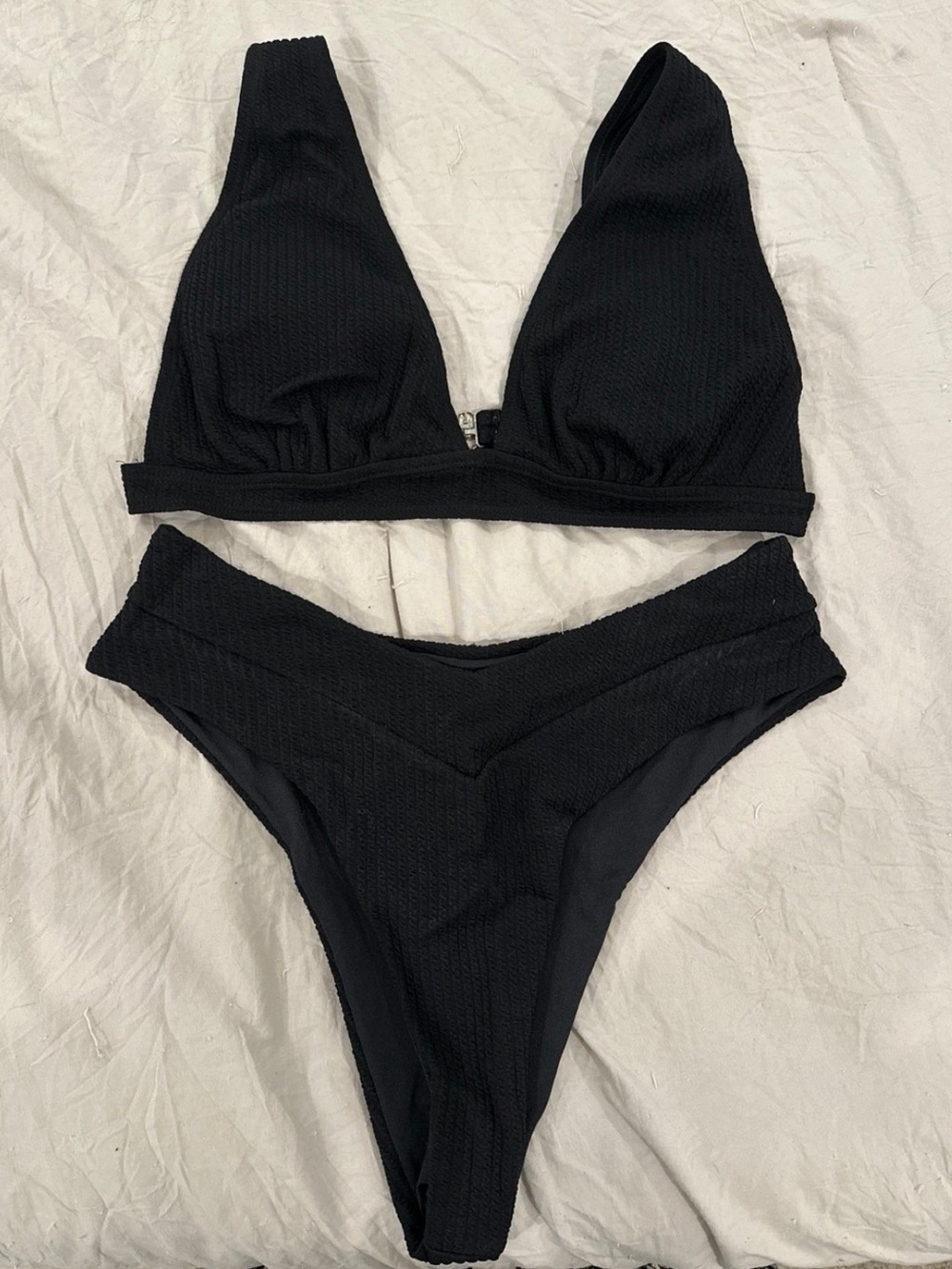 SHEIN Black Ribbed V-Waist Bikini Set - Women Swim